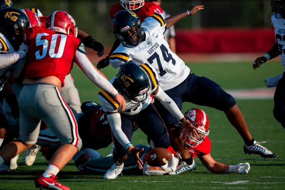 Gautier fumbles the ball during a Jamboree game against Biloxi at Biloxi High School on Friday, Aug. 18, 2023.