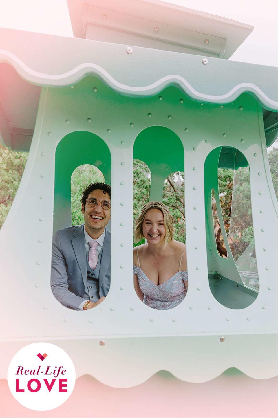 <p>Katie Weinholt Photography</p> Armin Samii and Marylee Williams aboard the Jolly Trolly during their wedding at Children