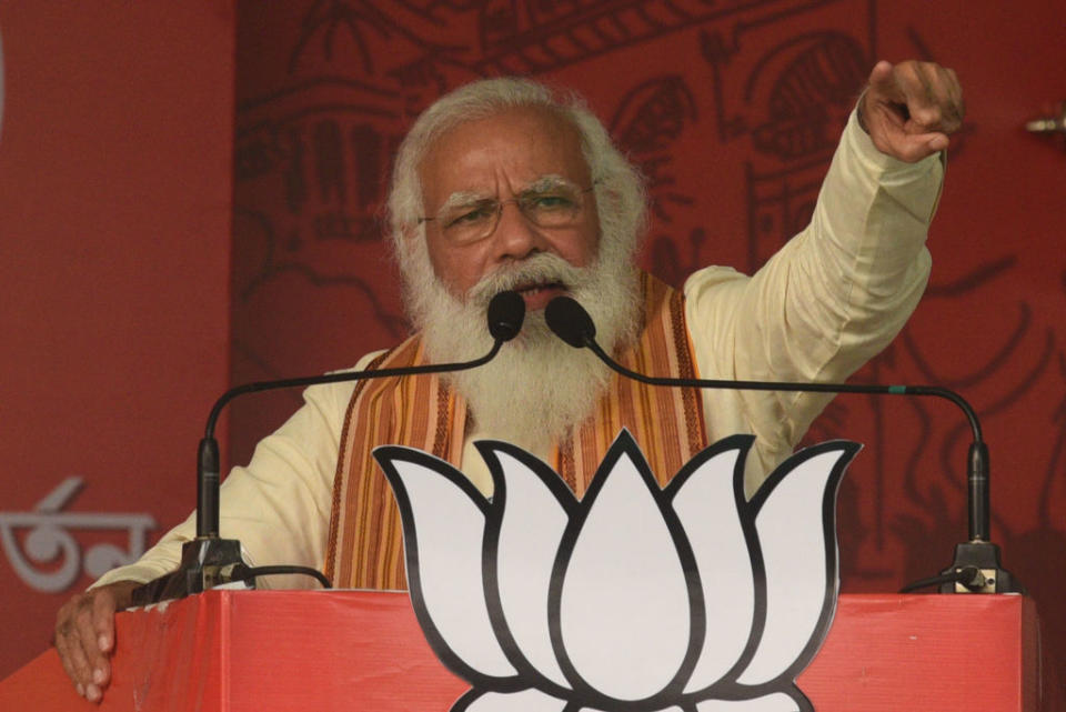 Prime Minister Narendra Modi addresses a public rally for the West Bengal Assembly Election on April 12, 2021 in the North 24 Parganas district, India.<span class="copyright">Samir Jana/Hindustan Times via Getty Images</span>