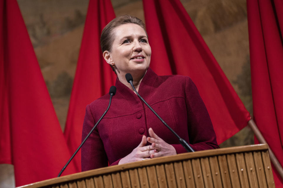 Denmark's Prime Minister and head of the Social Democrats, Mette Frederiksen, delivers a speech on the Workers' International Day in Copenhagen, Denmark, Monday, May 1, 2023 (Emil Nicolai Helms/Ritzau Scanpix via AP)