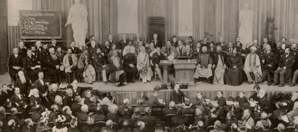 This photo provided by the Parliament of the World's Religions shows the organization's inaugural event in Chicago in 1893. On Monday, Aug. 14, 2023, more than 6,000 people representing virtually scores of religions and belief systems are expected to convene in Chicago for what organizers bill as the world’s largest gathering of interfaith leaders. (Parliament of the World's Religions via AP)