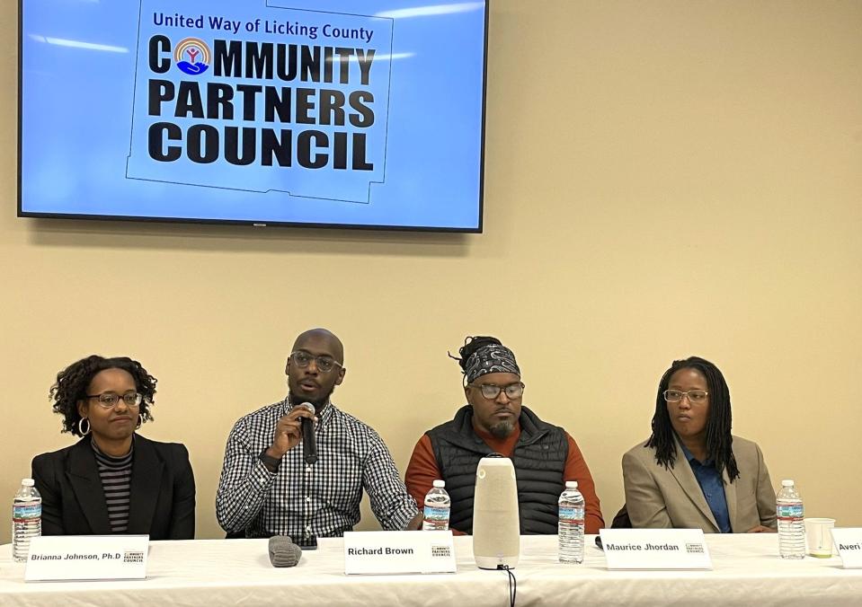 Richard Brown, of Denison University, speaks Wednesday with Brianna Johnson of Ohio State University Newark, Maurice Jhordan of Newark City Schools and Averi Frost of the Central Ohio African American Chamber of Commerce during the United Way of Licking County’s forum on diversity, equity and inclusion in Licking County.