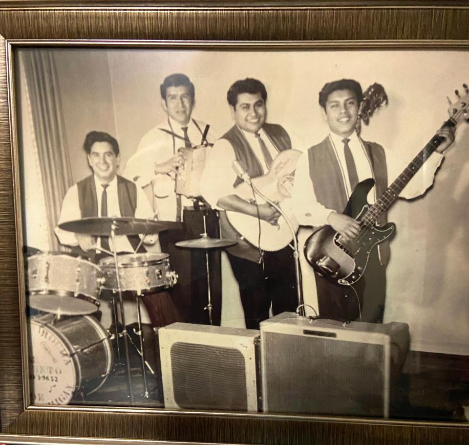 This photo taken during the early 1960s shows, from left, Rudy Alafita on drums, Lee Rocha on accordion, Rufus De La Cruz on the bajo sexto — a wide neck, 12-string guitar used to create tenor and bass rhythm — and Joe Sarabia on bass guitar. Each of the musicians, who hail from Adrian, were among those recognized with the installation of state historical marker in Detroit's Mexicantown for their impact in the Tejano music genre movement into Michigan.