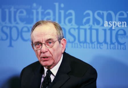 Italian Economy Minister Pier Carlo Padoan speaks during a meeting with his British counterpart George Osborne (unseen) in Rome, Italy, February 3, 2016. REUTERS/Alessandro Bianchi