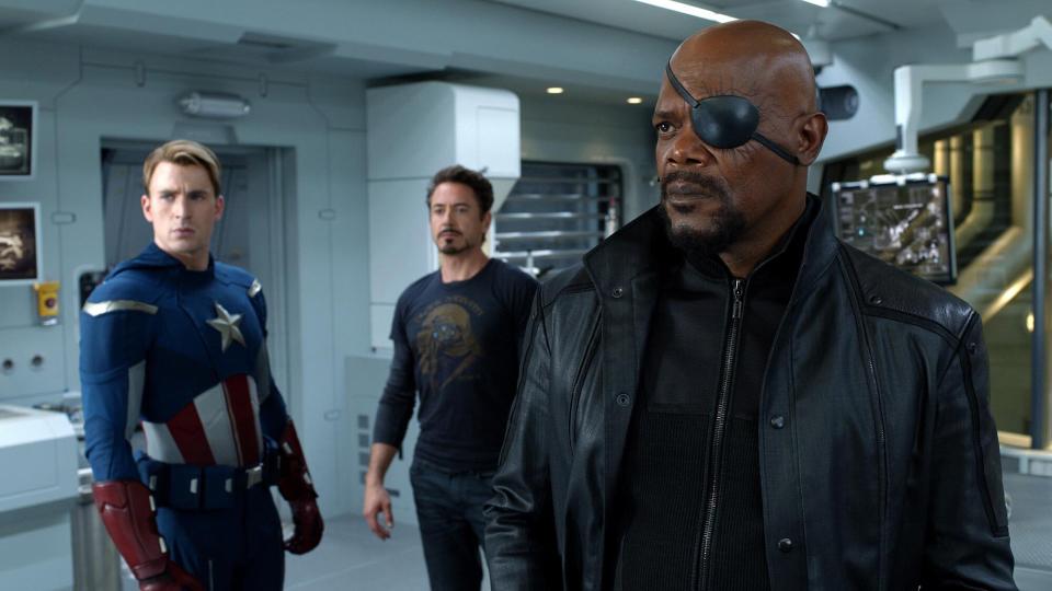 Editorial use only. No book cover usage. Mandatory Credit: Photo by Marvel Enterprises/Kobal/Shutterstock (5886273ac) Chris Evans, Robert Downey Jr, Samuel L. Jackson The Avengers - 2012 Director: Joss Whedon Marvel Enterprises USA Scene Still Avengers Assemble