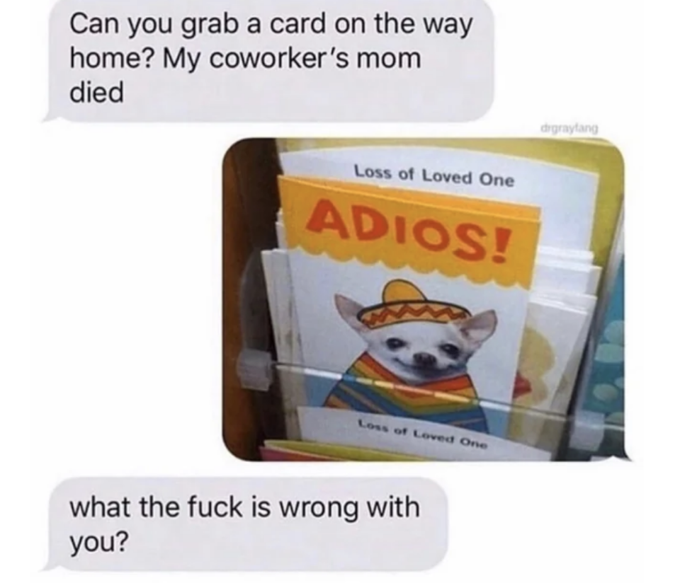 A person asks their spouse to get a card on their way home because their coworker's mom died, the spouse sends a photo of a card with a dog wearing a sombrero saying "adios," and the first person says "what the fuck is wrong with you?"