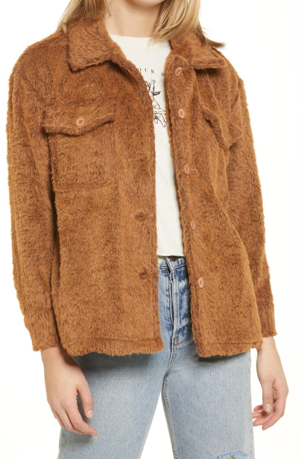 Cotton Emporium Fuzzy Shirt Jacket. Image via Nordstrom.