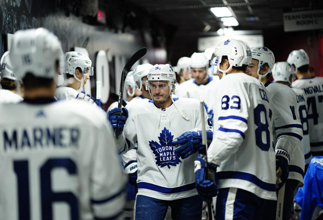 TORONTO, ONTARIO - AUGUST 07: Tyson Barrie #94 of the Toronto Maple Leafs prepares to play in Game Four of the Eastern Conference Qualification Round against the Columbus Blue Jackets at Scotiabank Arena on August 07, 2020 in Toronto, Ontario. (Photo by Mark Blinch/NHLI via Getty Images)