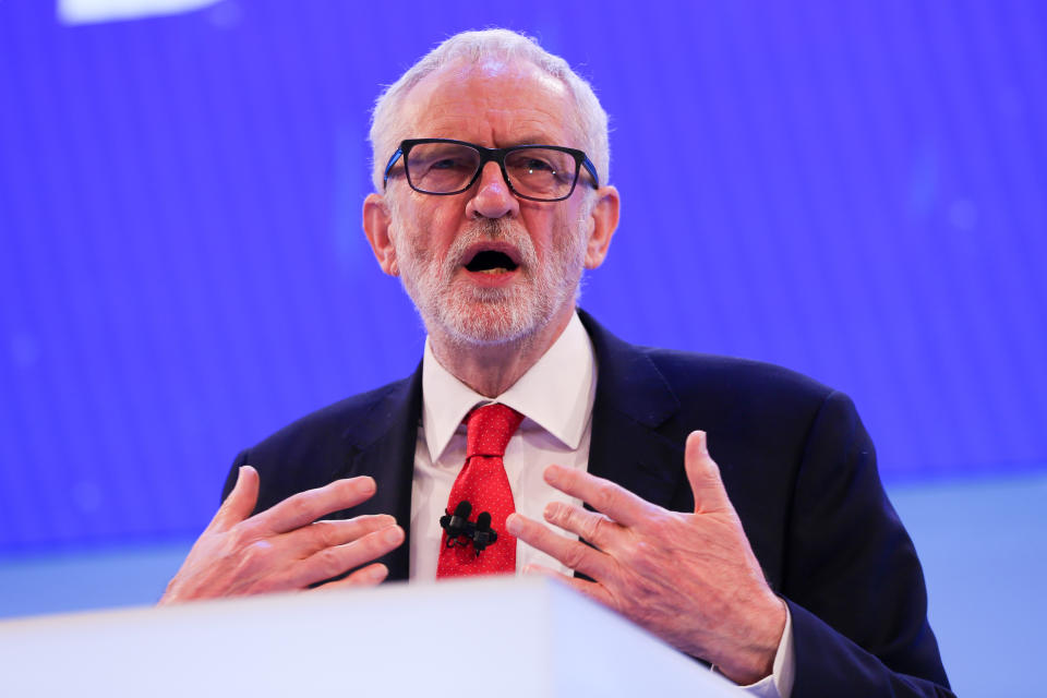 LONDON, UNITED KINGDOM - 2019/11/18: Leader of the Labour Party, Jeremy Corbyn makes a keynote political speech during the annual Confederation of British Industry (CBI) conference held in London. (Photo by Steve Taylor/SOPA Images/LightRocket via Getty Images)