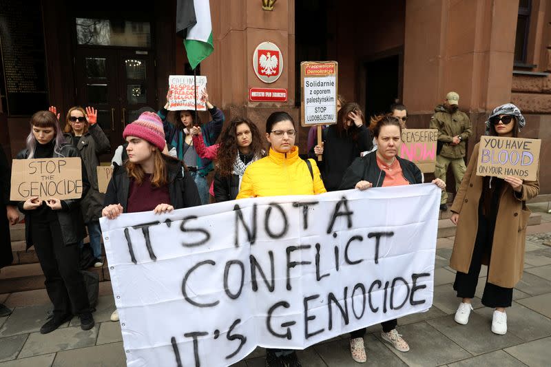 Demonstrators gather to protest, as Israel's ambassador to Poland is called to Polish Foreign Ministry, in Warsaw