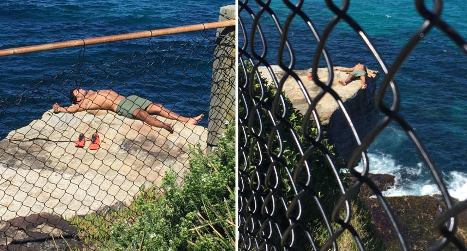 Photos show the man’s arm and leg hanging off the edge of the 10-metre cliff. Source: Yahoo News Australia/ Supplied