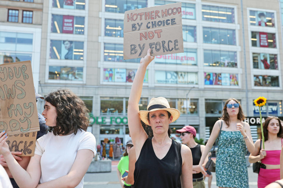 People gather in Union Square in New York to protest the Supreme Court ruling overturning Roe v. Wade. (Spencer Platt / Getty Images)