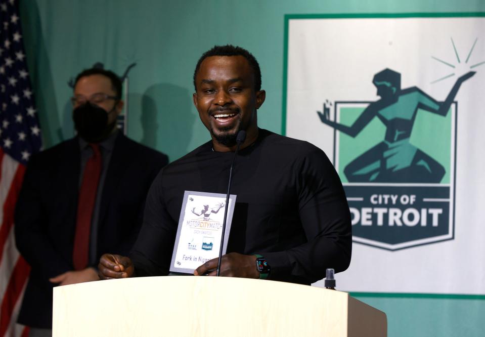 Prej Iroegbu, owner of Fork in Nigeria, talks about getting the $30,000 grant for his restaurant during the Motor City Match at the Detroit Public Safety Headquarters in Detroit on Wednesday, Jan. 26, 2022. Motor City Match awarded $8.6 million in cash grants. Eighty-one percent of the overall winners are minority-owned businesses and 71% are female-owned.