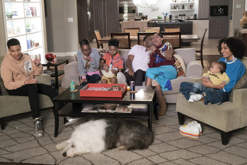 This 2018 image released by ABC shows the cast of "black-ish," from left, Marcus Scribner, Marsai Martin, Miles Brown, Anthony Anderson, Tracee Ellis Ross and Yara Shahidi. The comedy series will end after its eighth season. (Ron Tom/ABC via AP)