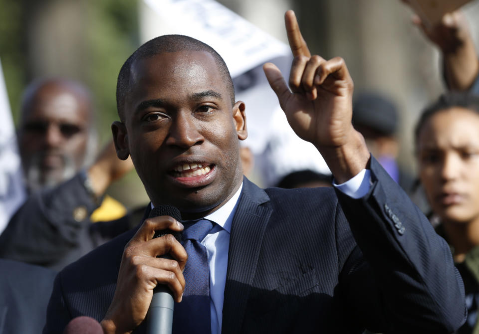 FILE - In this Thursday, July 12, 2017 file photo, Richmond Mayor Levar Stoney addresses a rally at the Capitol in Richmond, Va. Democratic lawmakers in Virginia appear poised to pass legislation Tuesday, Feb. 25, 2020, extending collective bargaining rights to at least some public workers, a historic change backed by labor unions and opposed by business associations and many of the state's local governments. (AP Photo/Steve Helber, File)