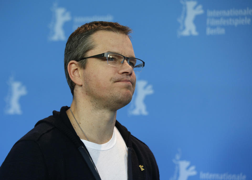 Actor Matt Damon poses at the photo call for the film Promised Land at the 63rd edition of the Berlinale, International Film Festival in Berlin, Friday, Feb.8,2013. (AP Photo/Gero Breloer)