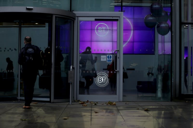 People enter British Telecom (BT) headquarters in London