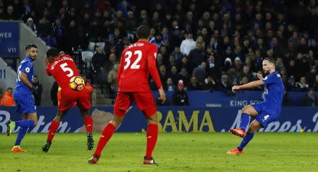 Britain Football Soccer - Leicester City v Liverpool - Premier League - King Power Stadium - 27/2/17 Leicester City's Danny Drinkwater shoots over Action Images via Reuters / Jason Cairnduff Livepic