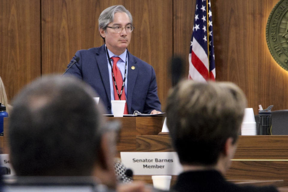 North Carolina state Sen. Michael Lee, a New Hanover County Republican and education committee co-chair, takes questions from lawmakers about a bill seeking to restrict K-4 educators from teaching about LGBTQ topics induring a committee meeting at the Legislative Office Building in Raleigh, N.C., on Wednesday, Feb. 1, 2023. (AP Photo/Hannah Schoenbaum)