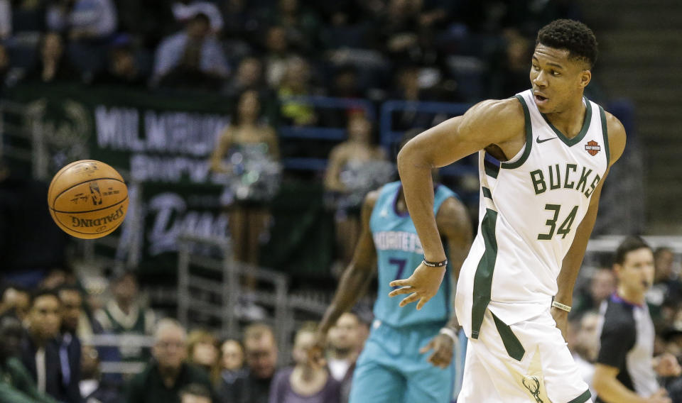 Giannis Antetokounmpo is doing special things with the ball this season. (AP)