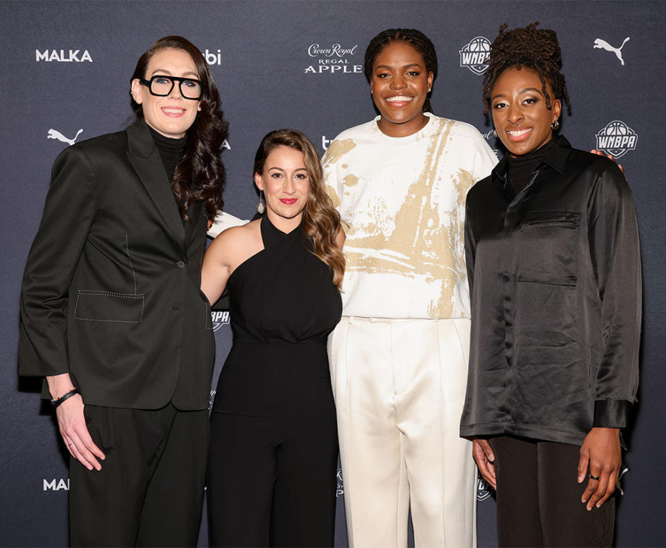 Breanna Stewart, Andrea Buccilla, Jonquel Jones, and Nneka Ogwumike attend the Shattered Glass A WNBPA Story New York premiere at WNBPA Offices on January 29, 2024 in New York City.