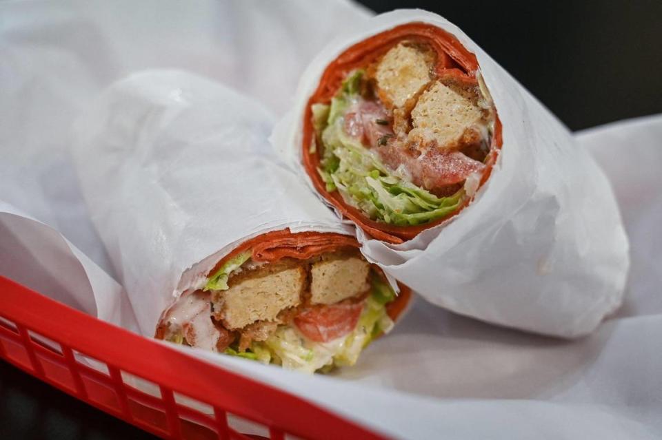 A special order, a vegan chicken ranch wrap, was made by comfort food vegan restaurant Plant Slayer. It’s now open in The Galleria in downtown Fresno. Photographed on Wednesday, Aug. 10, 2022.