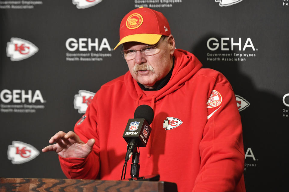 Kansas City Chiefs head coach Andy Reid answers questions during a news conference after defeating the Buffalo Bills in an NFL AFC division playoff football game, Sunday, Jan. 21, 2024, in Orchard Park, N.Y. (AP Photo/Adrian Kraus)