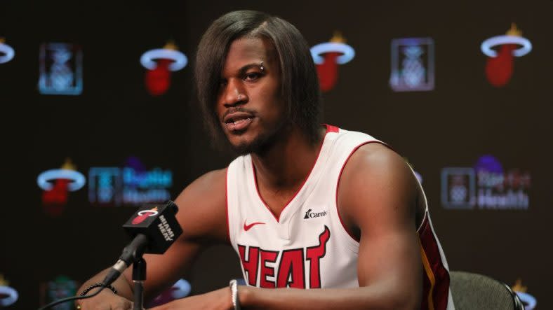 Jimmy Butler, Jimmy Butler's hair, Jimmy Butler perm, Ball Out Boy, Miami Heat media day, Black male hair, Black hair, theGrio.com