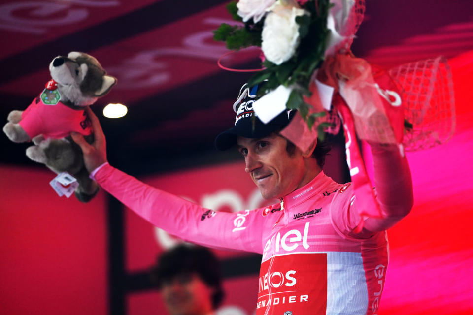 RIVOLI ITALY  MAY 18 Geraint Thomas of The United Kingdom and Team INEOS Grenadiers celebrates at podium as Pink Leader Jersey winner during the 106th Giro dItalia 2023 Stage 12 a 185km stage from Bra to Rivoli  UCIWT  on May 18 2023 in Rivoli Italy Photo by Tim de WaeleGetty Images
