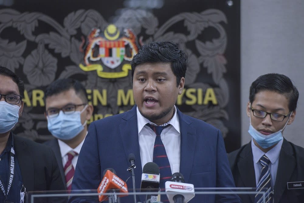 Mahasiswa Keadilan Malaysia president Irfan Mahzan speaks during a press conference in Parliament August 12, 2020. — Picture by Shafwan Zaidon