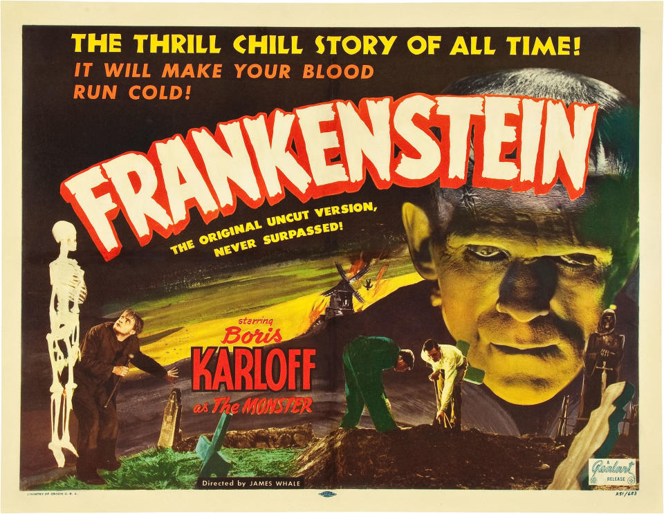 A movie poster for Frankenstein that in large text says "Boris Karloff as The Monster"