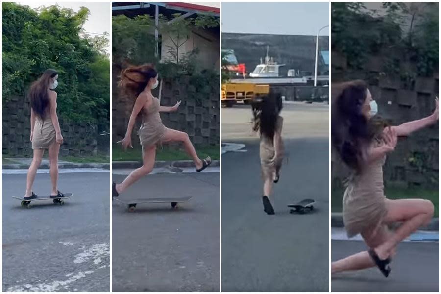 正妹在臉書分享練習滑板的短片，出糗仆街的爆笑畫面吸引超過2萬人朝聖。（翻攝自臉書社團「爆廢公社」）