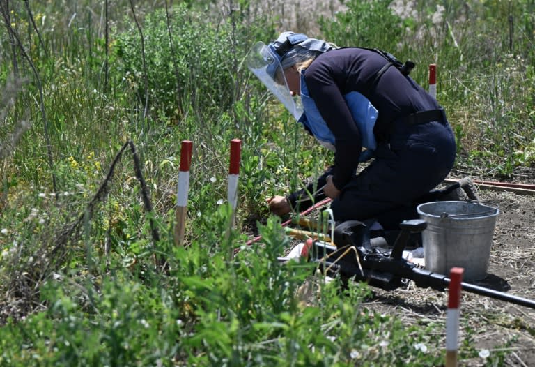 Tetiana Chpak, démineuse pour l'organisation Halo Trust, accroupie dans un champ près du village de Snigurivka, dans la région de Mykolaïv, le 4 juin 2024 en Ukraine (Genya SAVILOV)