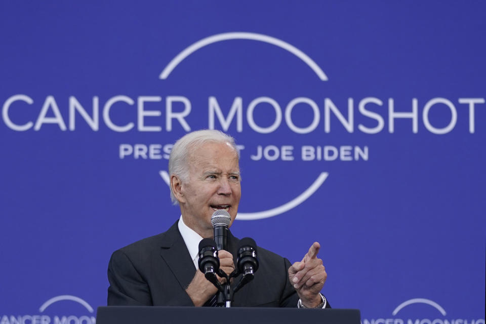 FILE - President Joe Biden speaks on the cancer moonshot initiative at the John F. Kennedy Library and Museum, Sept. 12, 2022, in Boston. Biden is requesting more than $2.8 billion in the federal budget proposal he's sending to Congress to help advance his cancer-fighting goals. That's according to White House officials, who shared details with The Associated Press before Biden unveils the proposal Thursday, March 9, 2023, in Philadelphia. (AP Photo/Evan Vucci, File)