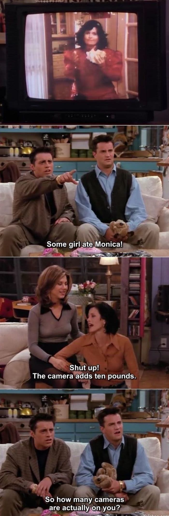 Monica telling Joey and Chandler the camera adds 10 pounds after they made fun of her weight as a high schooler; Chandler's response: "So how many cameras are actually on you?"