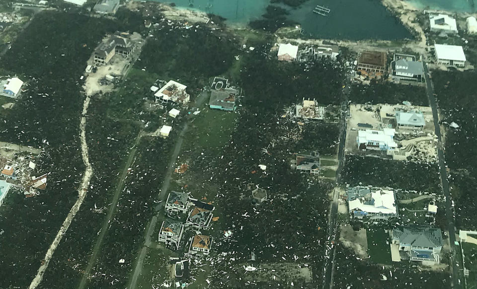 In this handout aerial photo provided by the HeadKnowles Foundation, damage is seen from Hurricane Dorian on Abaco Island on Sept. 3, 2019 in the Bahamas.