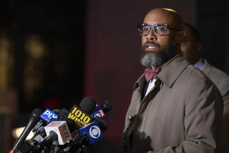 Tova Noel's attorney Jason Foy speaks to reporters outside federal court, Tuesday, Nov. 19, 2019, in New York. Noel and another guard responsible for monitoring Jeffrey Epstein the night he killed himself were charged Tuesday with falsifying prison records to conceal they were sleeping and browsing the internet during the hours they were supposed to be keeping a close watch on prisoners. (AP Photo/Mary Altaffer)