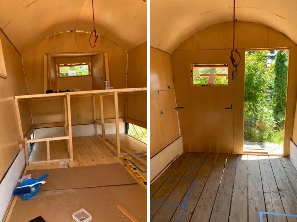 Progress photo of the tiny house interior.