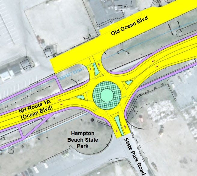 A proposed a single-lane roundabout at the State Park Road intersection that maintains the Ashworth Avenue U-turn.