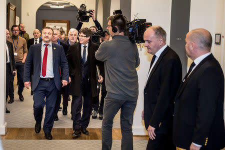 The Catalan separatist leader Carles Puigdemont arrives for a meeting with Danish members of Parliament, after being invited by the Faroese parliamentary member Magni Arge, at Christiansborg in Copenhagen, Denmark January 23, 2018. Mads Claus Rasmussen/Scanpix Denmark via REUTERS