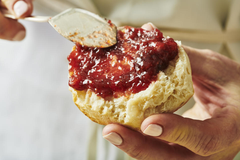 This image shows a strawberry jam recipe atop of a scone in New York on Feb. 10, 2022. (Cheyenne M. Cohen via AP)