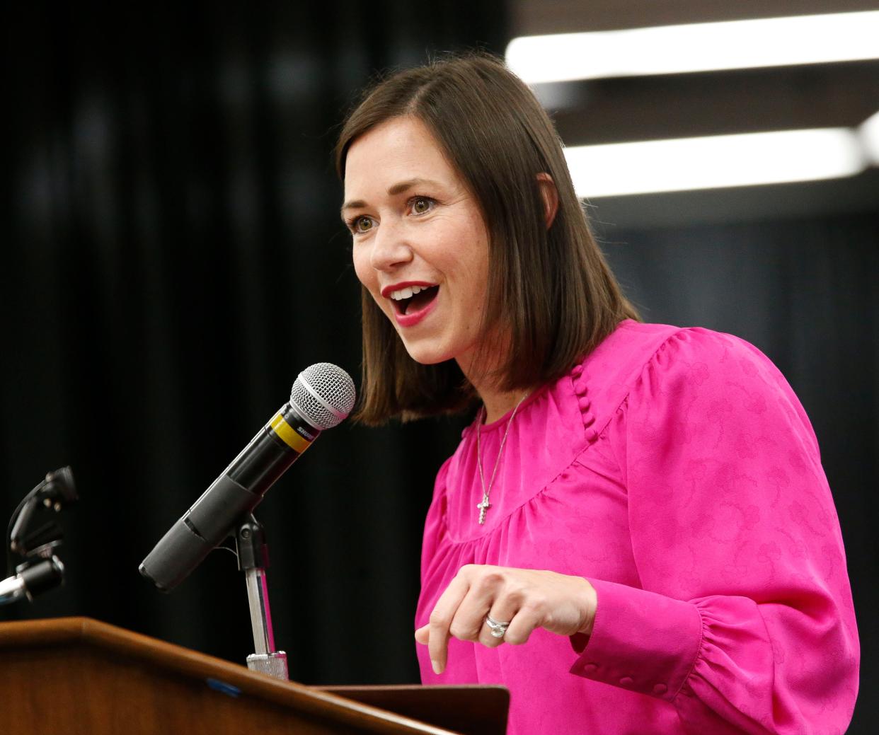 U.S. Senate candidate Katie Britt speaks to Boys State delegates in the Ferguson Center Ballroom on the campus of the University of Alabama Thursday, July 15, 2021. [Staff Photo/Gary Cosby Jr.]