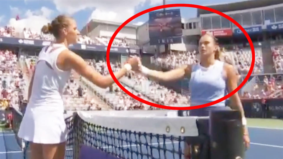 Pictured here, the post-match act that saw Aryna Sabalenka condemned by tennis fans.