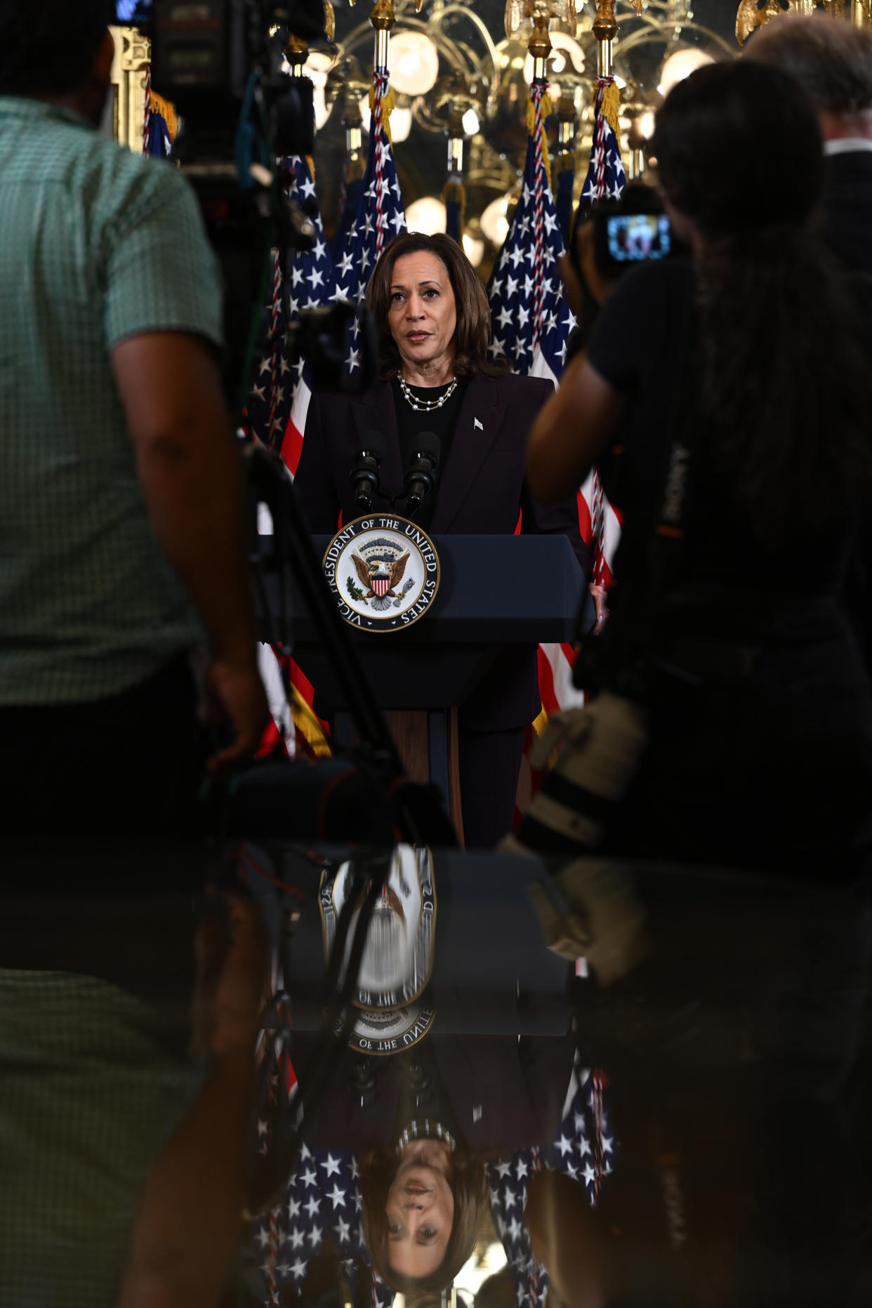 Vice President Kamala Harris speaks after a meeting with Israeli Prime Minister Benjamin Netanyahu, at the White House in Washington, July 25, 2024. (Kenny Holston/The New York Times)