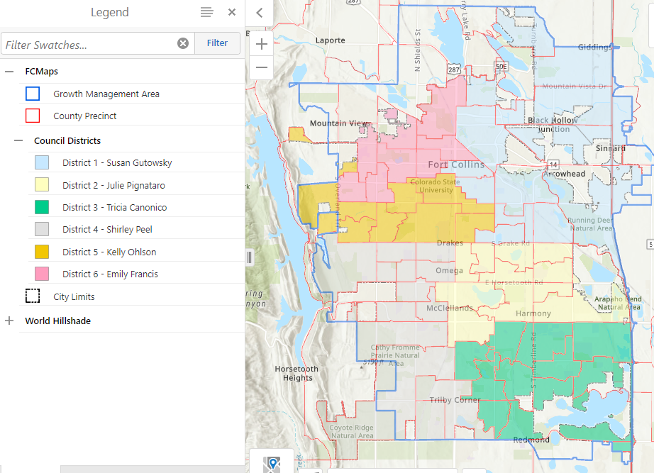 These are the Fort Collins City Council districts. The key shows who the current representatives are.