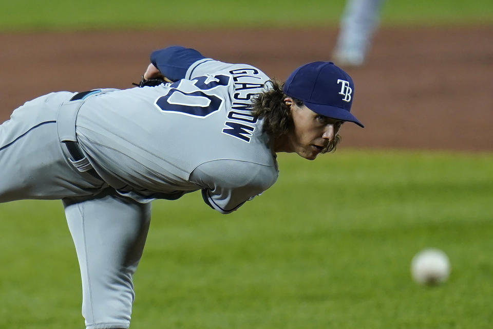 Tampa Bay Rays pitcher Tyler Glasnow throws a pitch to the Baltimore Orioles during the second inning of a baseball game, Friday, Sept. 18, 2020, in Baltimore. (AP Photo/Julio Cortez)