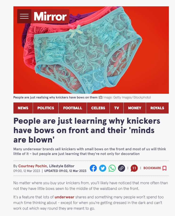 外媒報導，女性內褲縫製蝴蝶結的用處。（圖／翻攝自《鏡報》）