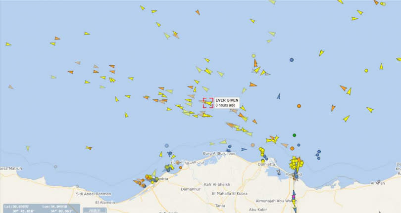 目前長賜號已經離開蘇伊士運河，正在地中海海域中航行。(圖/翻攝自Vessel Finder)