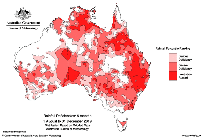 An alarming Bureau of Meteorology weather map shows the levels of rainfall 'deficiency' across Australia.