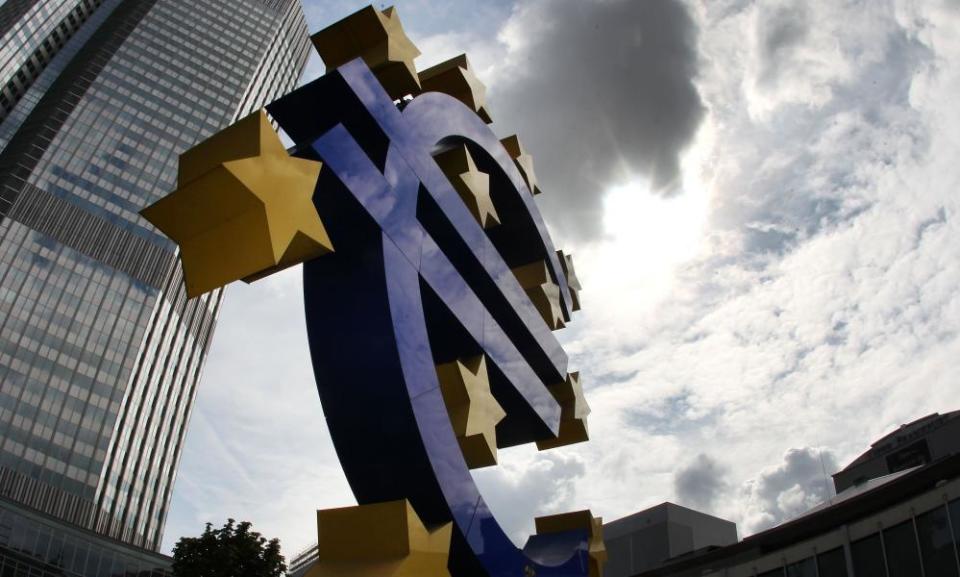 A huge blue euro sign outside the ECB building in Frankfurt